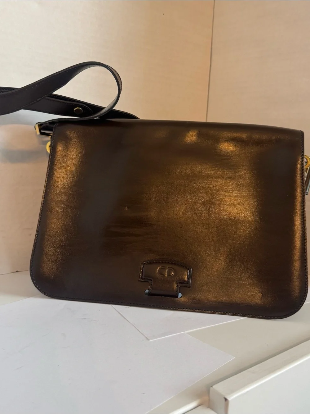 Authentic Christian Dior Large Shoulder Purse Bag Dark Brown Leather Structured